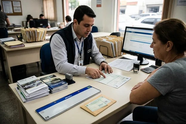Profissional ajudando cliente com primeiro emplacamento de veículo em Sumaré.